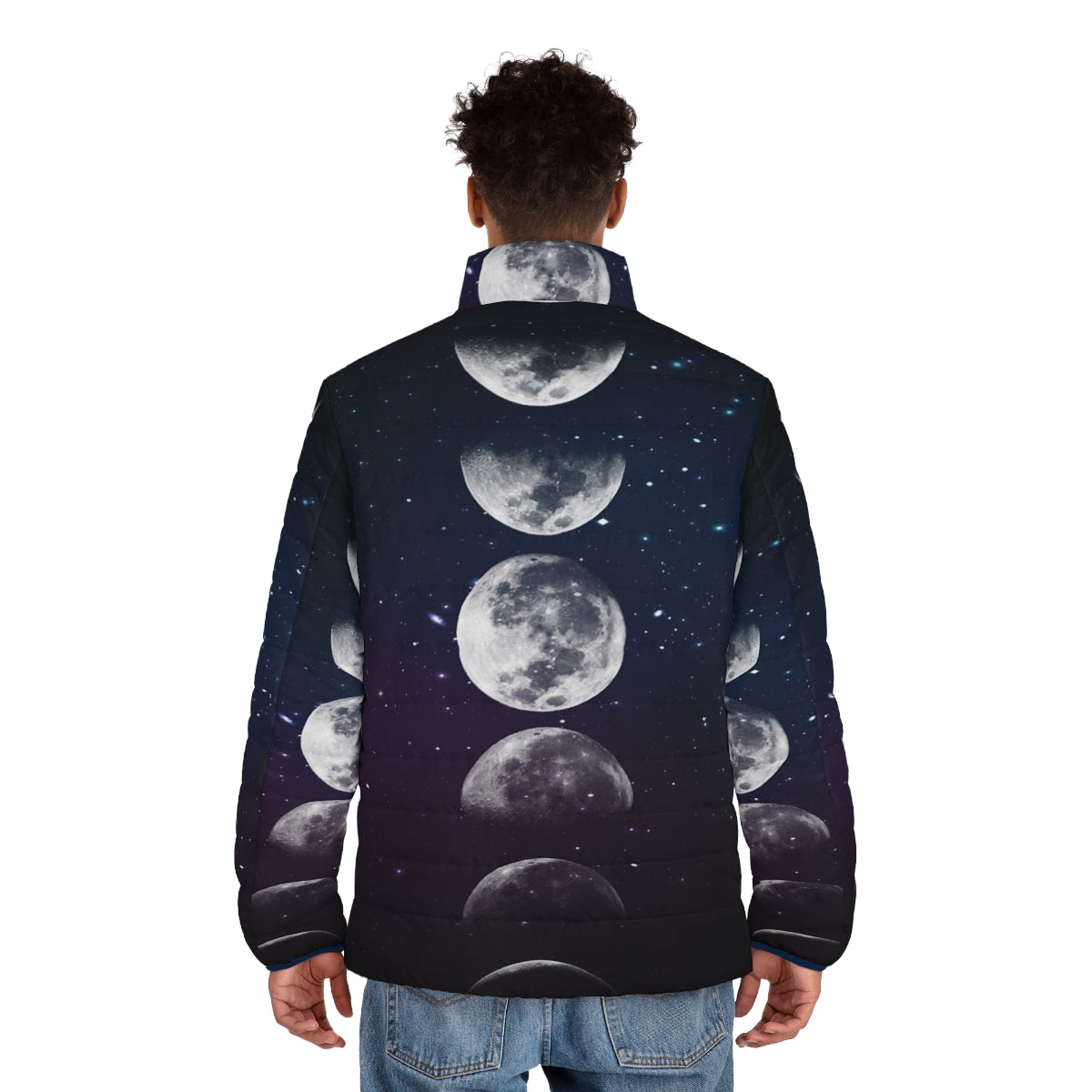 Phases of the Moon Puffer Jacket - Watercolor Galaxy Print Outerwear - men back