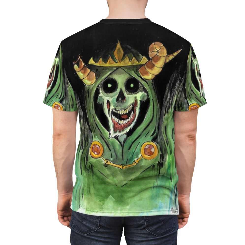 Ominous lich character illustration printed on a high-quality t-shirt for fans of dark fantasy and horror themes. - men back