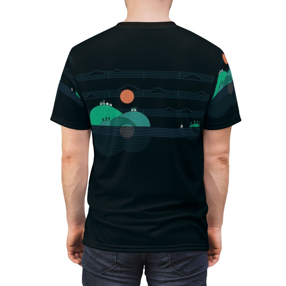 Artistic t-shirt design featuring a scenic island landscape with a guitar, sailboat, and sun - men back