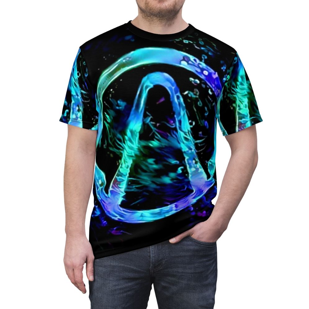 Borderlands-inspired neon black light t-shirt with vault hunter symbol - men front