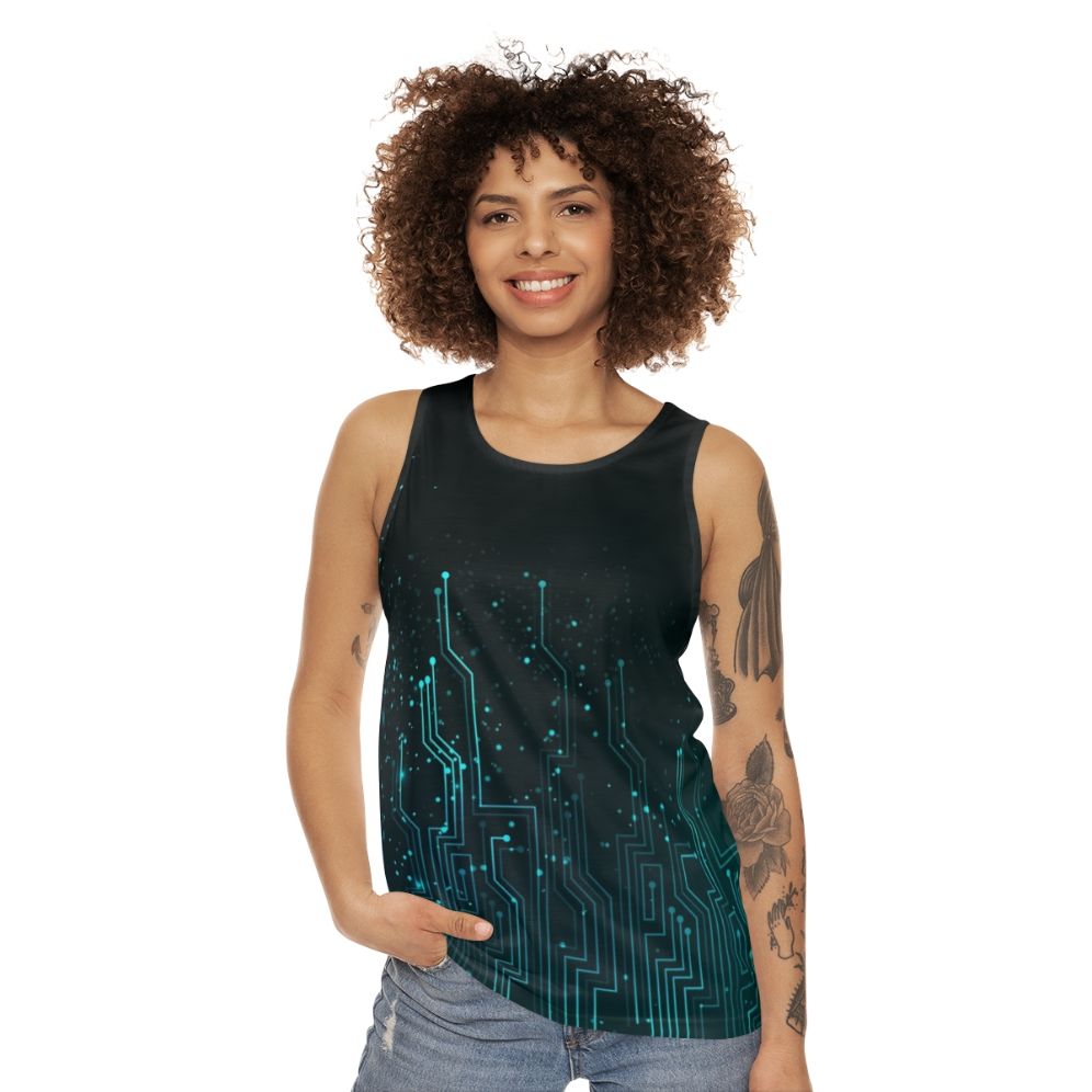 Unisex tank top with a vibrant circuit board pattern design - women