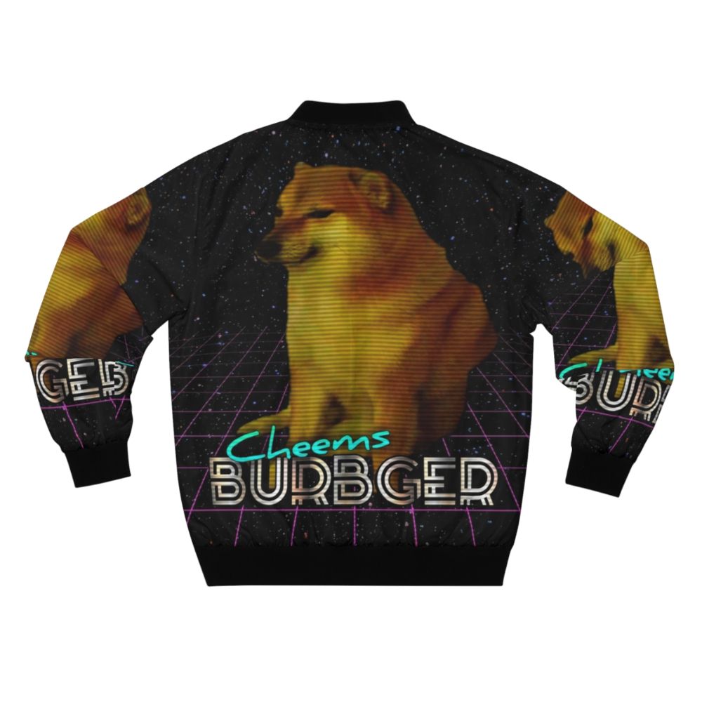 Retro-style bomber jacket featuring a doge cheeseburger meme design - Back