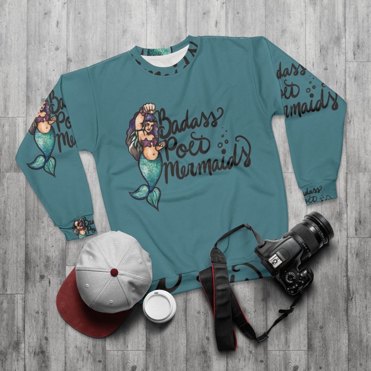 Badass poet mermaids graphic sweatshirt - flat lay