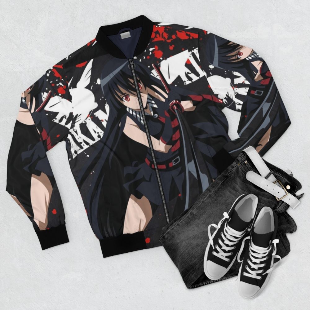 Akame Ga Kill anime bomber jacket featuring characters like Tatsumi, Esdeath, Mine, Leone, and more. - Flat lay