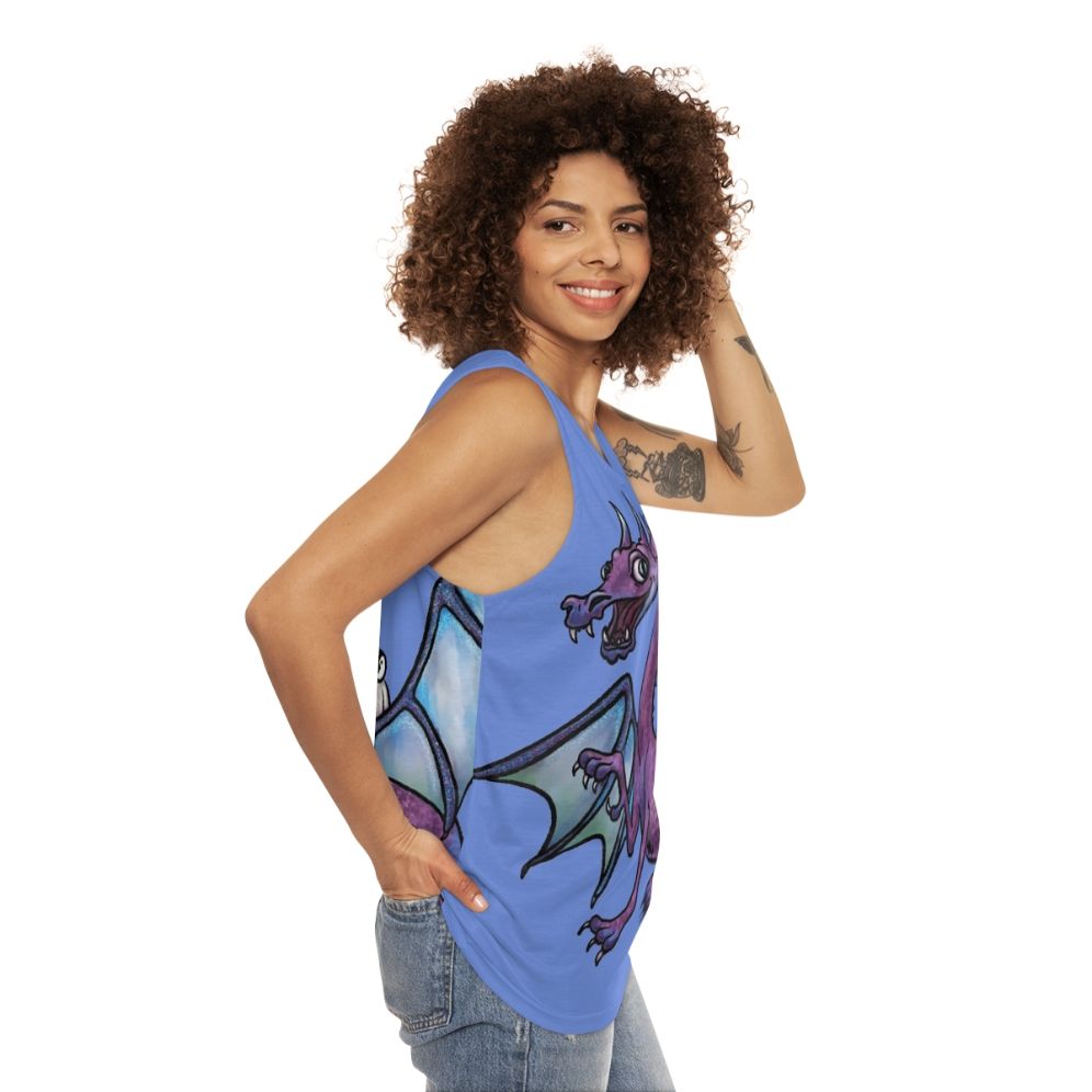 Unisex tank top with fantasy art design of a penguin and dragon in an adventurous scene - women side