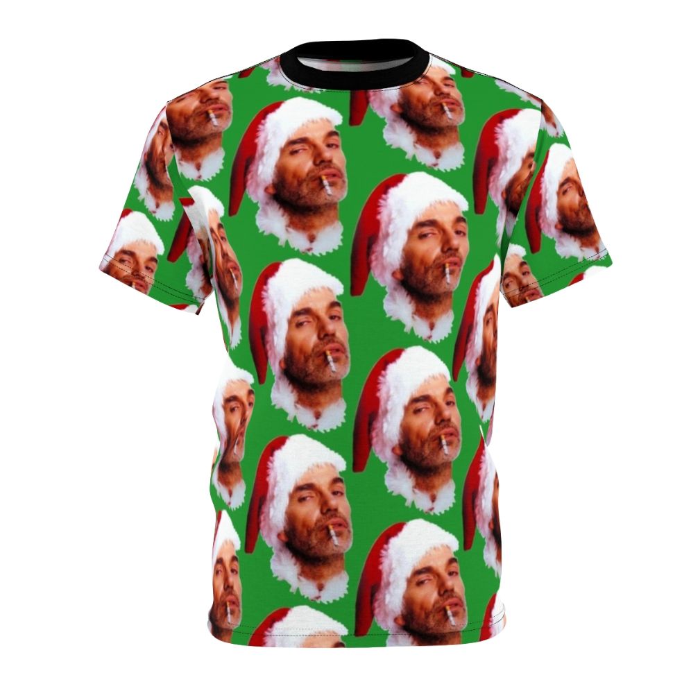 Graphic t-shirt featuring a bad Santa character smoking a cigarette, designed for fun holiday parties and celebrations.