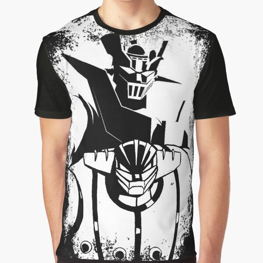 Heroes Never Die graphic t-shirt featuring a robot, anime-style mecha design