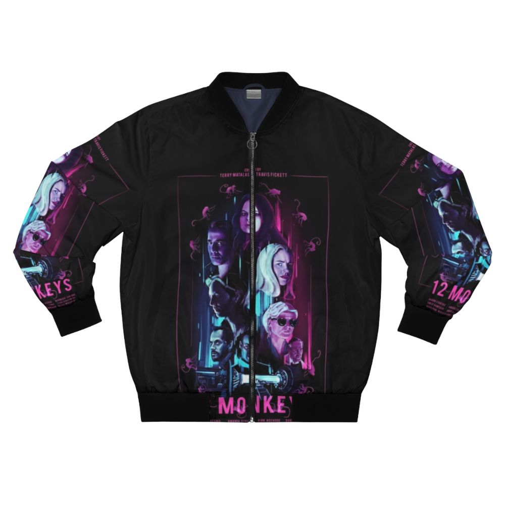 12 Monkeys movie-inspired bomber jacket featuring a bold design and distressed look