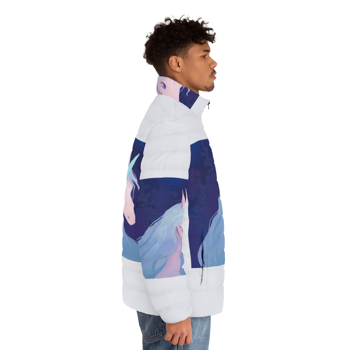 The Last Unicorn Illustration Puffer Jacket featuring a magical unicorn in a fantasy setting - men side right