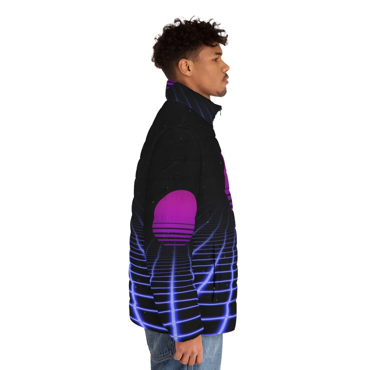 80s digital sunset aesthetic puffer jacket with glowing grid design - men side right