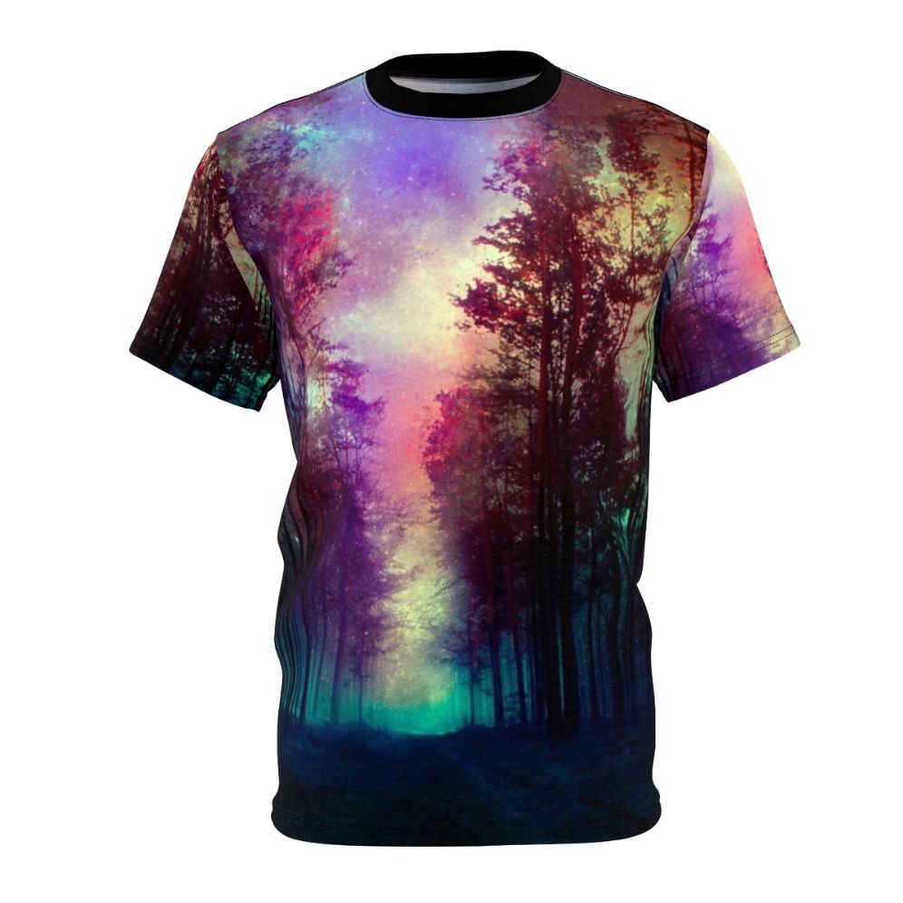 Enchanting forest landscape with stars, clouds, and magical elements on an all-over print t-shirt