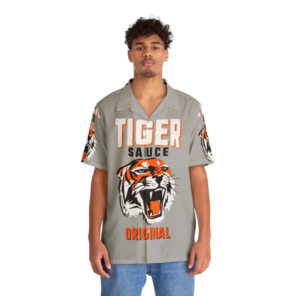 Spicy Hawaiian Shirt featuring Tiger Sauce Branding - People Front