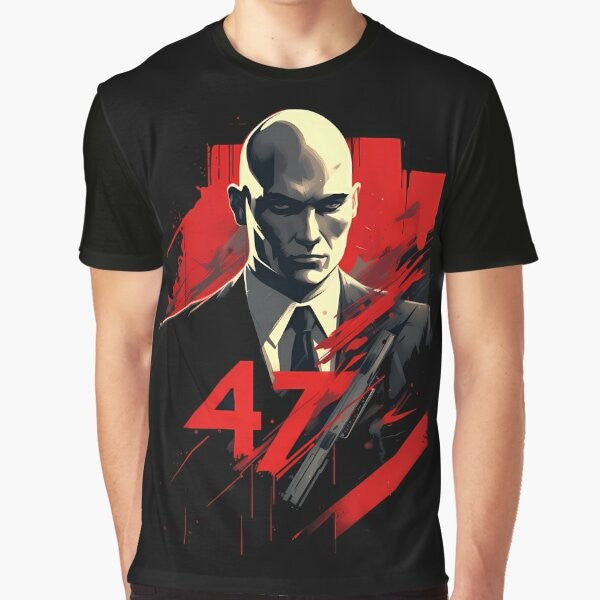 A graphic t-shirt featuring the iconic Agent 47 character from the Hitman video game series.