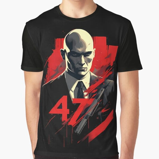 A graphic t-shirt featuring the iconic Agent 47 character from the Hitman video game series.