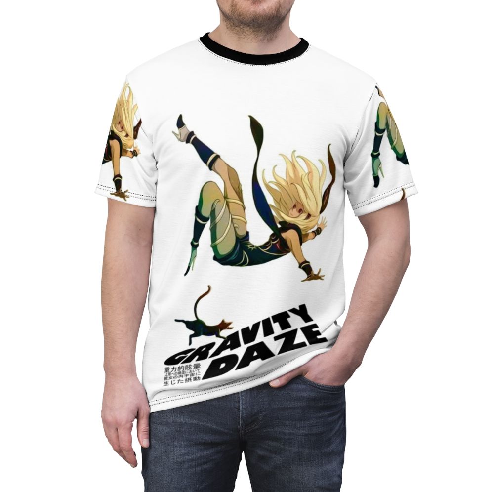 A stylish t-shirt featuring a gravity-defying design, inspired by the popular PlayStation game Gravity Daze. - men front