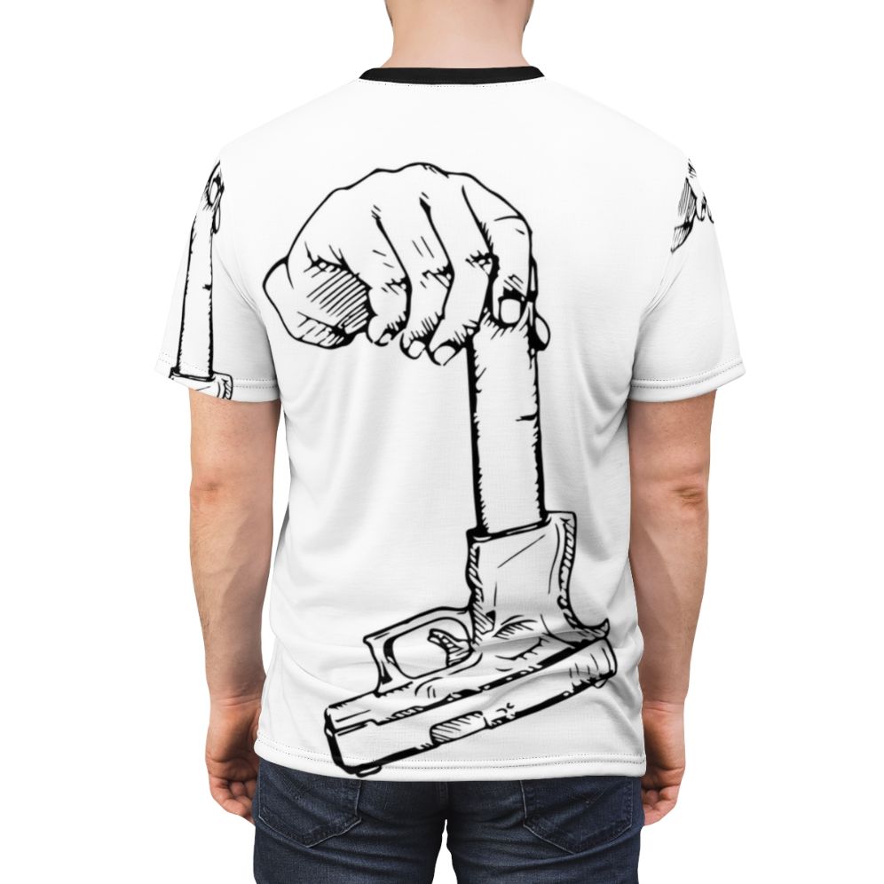 Stylish t-shirt with a trap and drill inspired design featuring an extended clip or magazine - men back