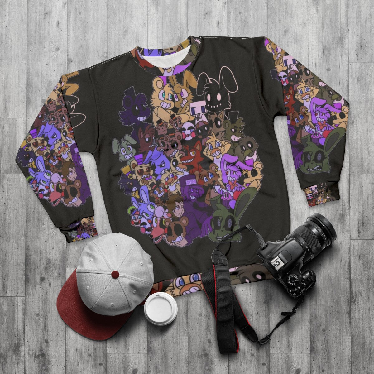 FNAF Sweatshirt featuring Five Nights at Freddy's characters - flat lay