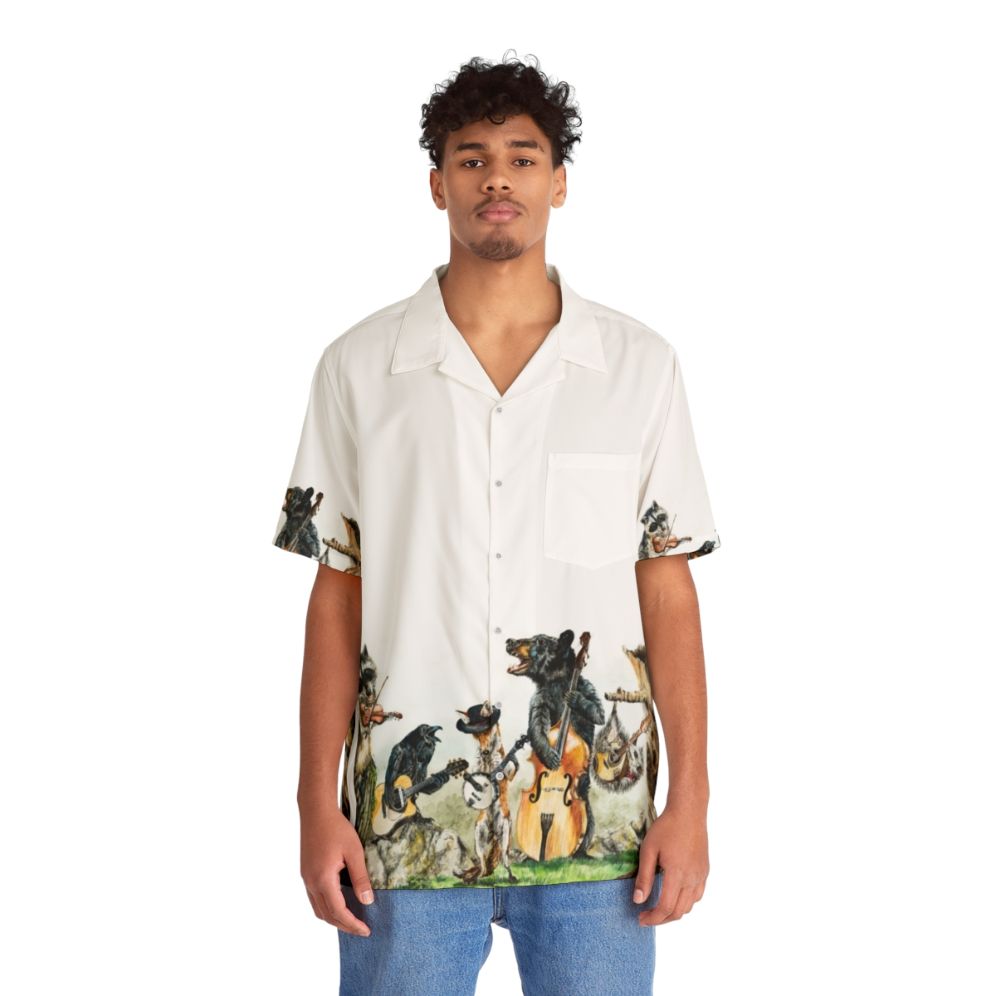 Bluegrass Gang Wildlife Hawaiian Shirt featuring a watercolor mountain landscape with animals - People Front