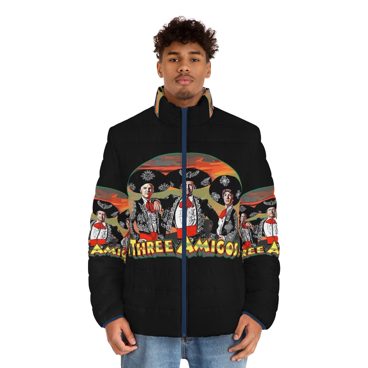 Three Amigos Puffer Jacket featuring the iconic comedy trio from the classic 80s film - men front