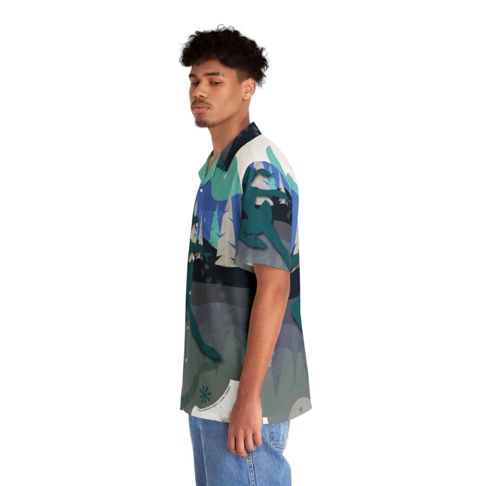 Ice Skater Wearing a Festive Hawaiian Shirt with Holiday Graphics - People Left