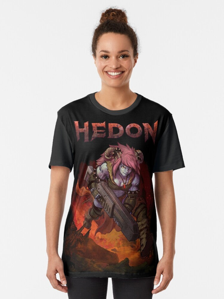 Hedon fantasy video game graphic t-shirt with demon, horns, and retro style - Women