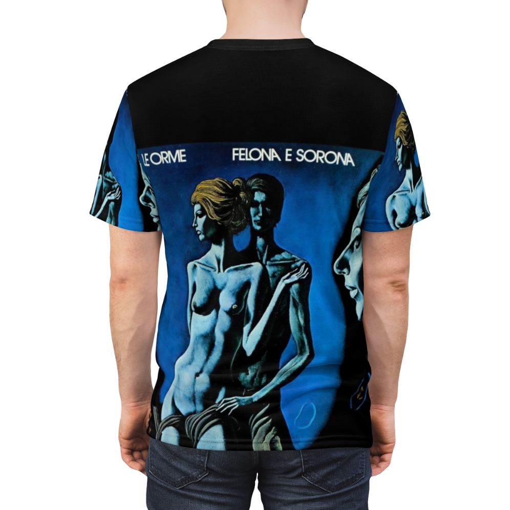 Vintage Italian progressive rock t-shirt featuring the iconic album cover of Le Orme's "Felona e Sorona" - men back