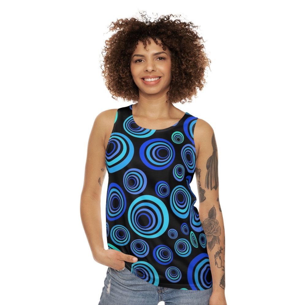 Retro blue unisex tank top with pop art pattern design - women