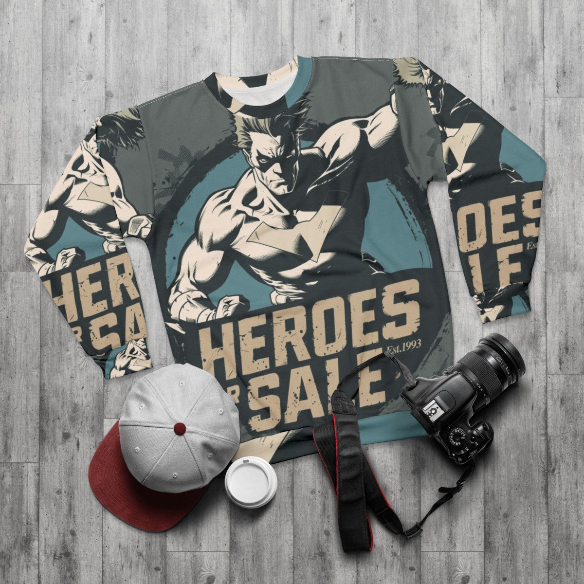 Heroes For Sale 1993 Superhero Sweatshirt - flat lay