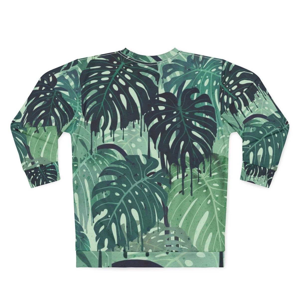 Tropical monstera leaves melting in a surreal green and blue sweatshirt design - Back