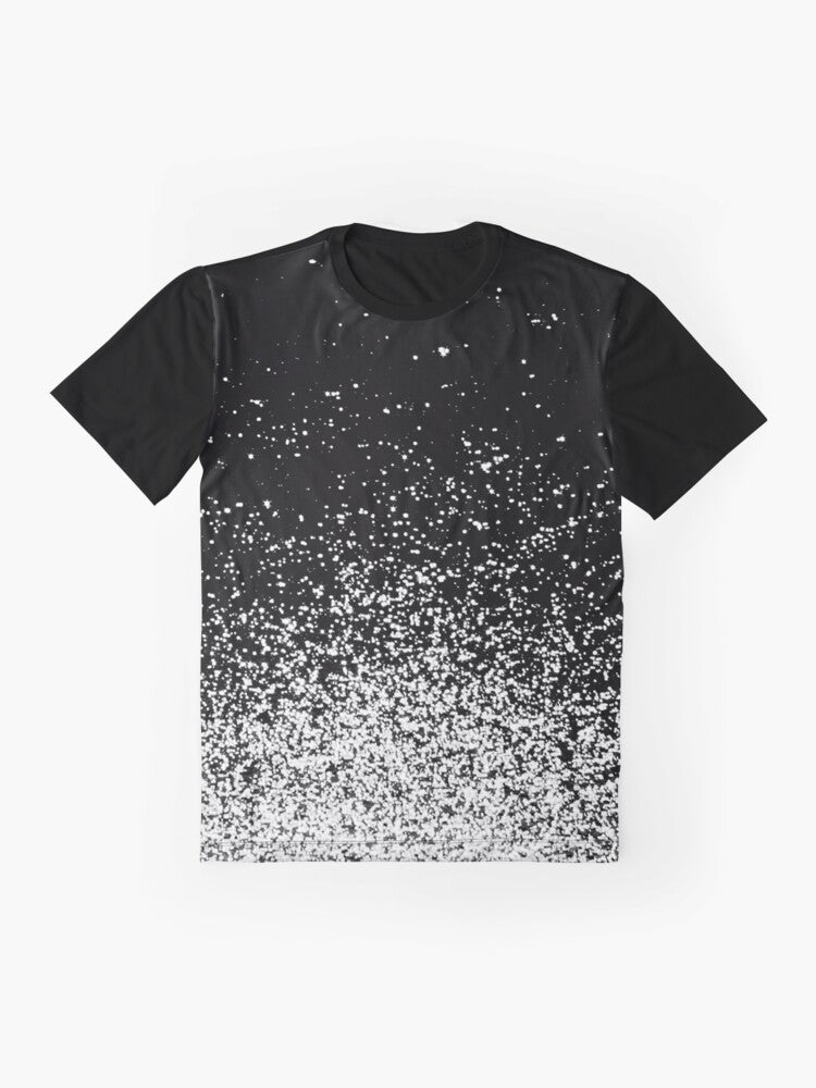 Infinity abstract t-shirt design featuring a starry night sky, sparks, and space elements - Flat lay