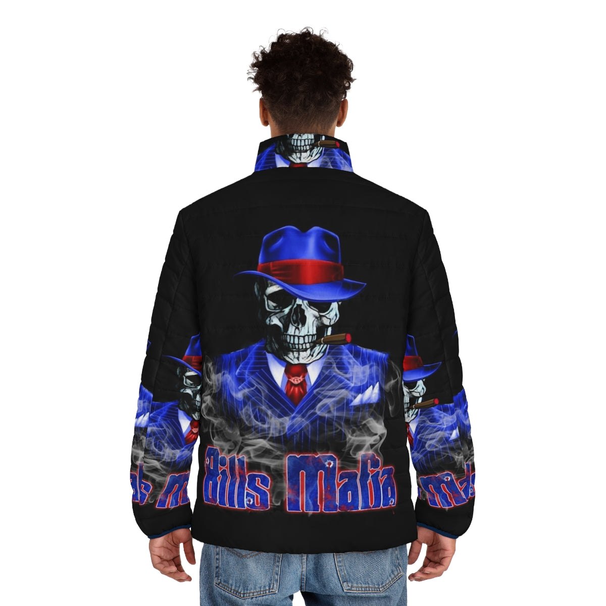 Bills Mafia Puffer Jacket featuring a bold skeleton and skull design - men back