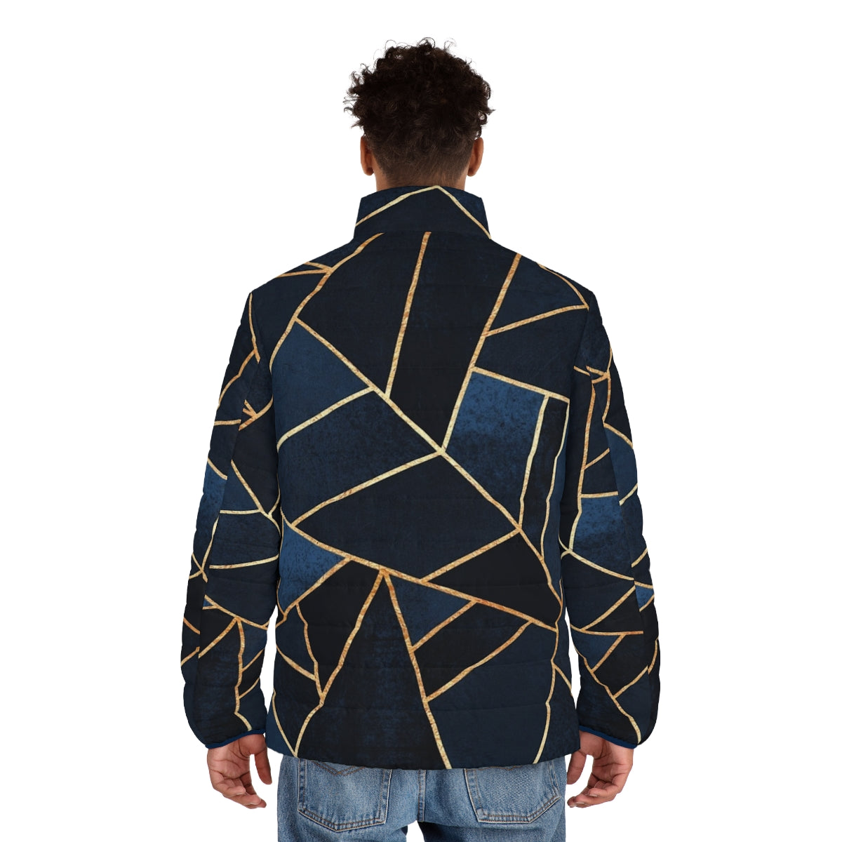 Navy puffer jacket with geometric mosaic design in stone and gold tones - men back