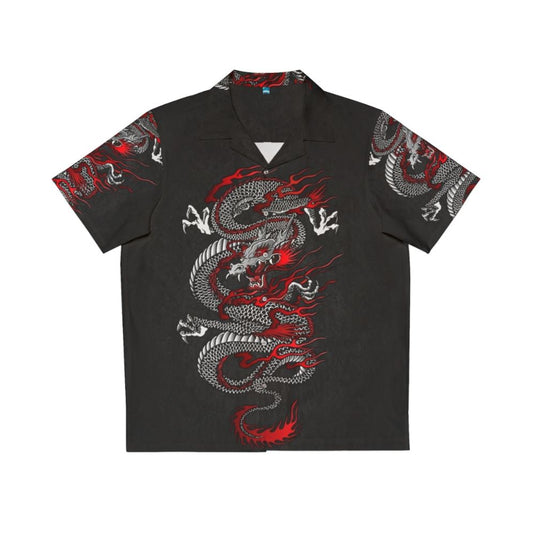 Embroidered asian dragon design on a tropical hawaiian shirt