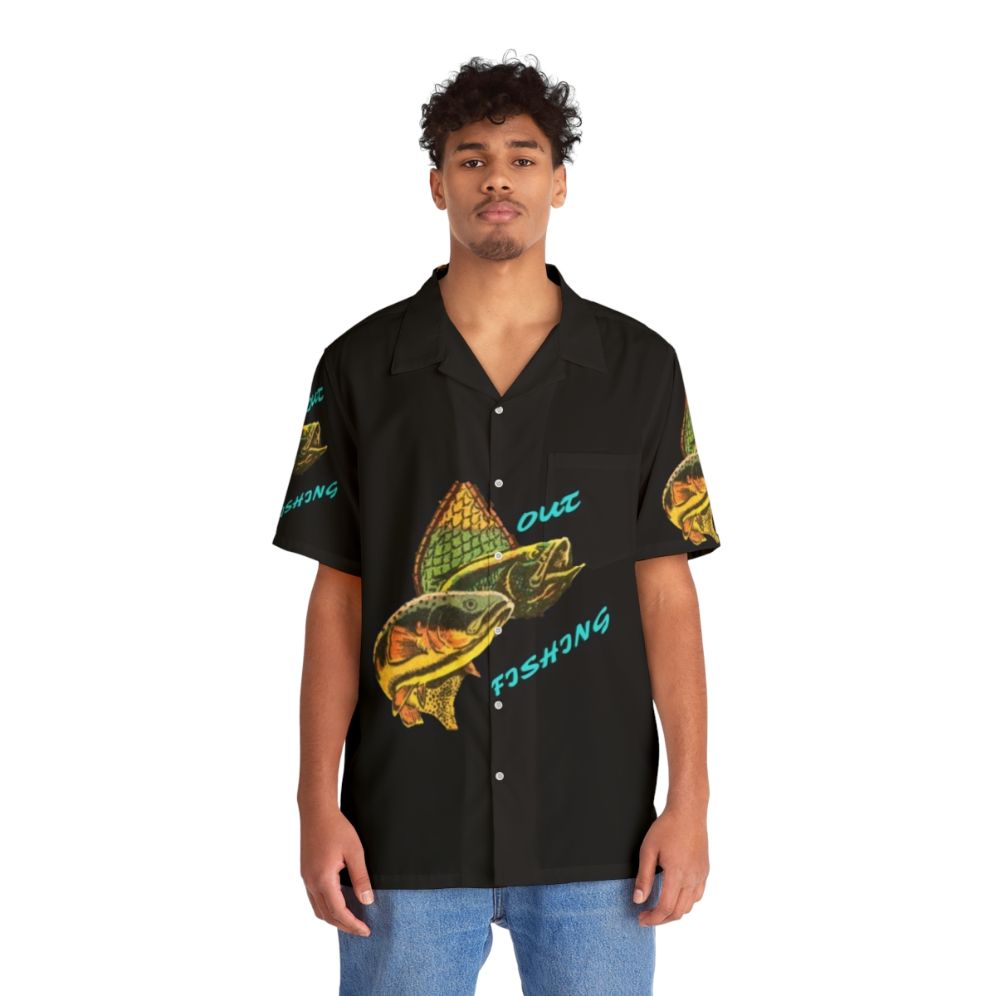 Hawaiian fishing-themed shirt with ocean and fish graphics - People Front