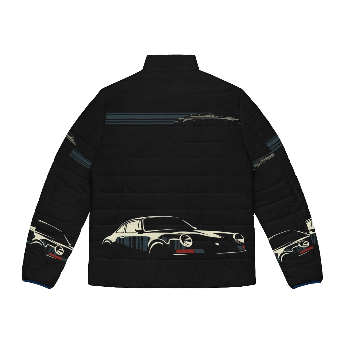 Minimalist Porsche Puffer Jacket featuring a black and white car illustration - Back