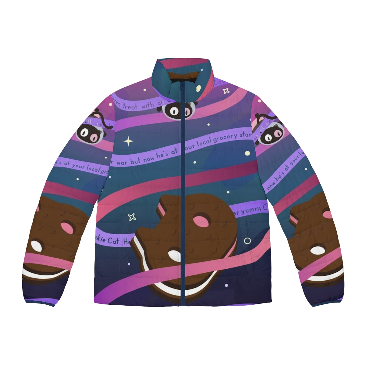 Cookie Cat Puffer Jacket featuring the iconic ice cream sandwich character from the Steven Universe cartoon series