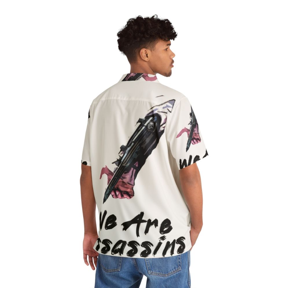 Assassin's Creed inspired Hawaiian shirt with tropical design - Flat lay