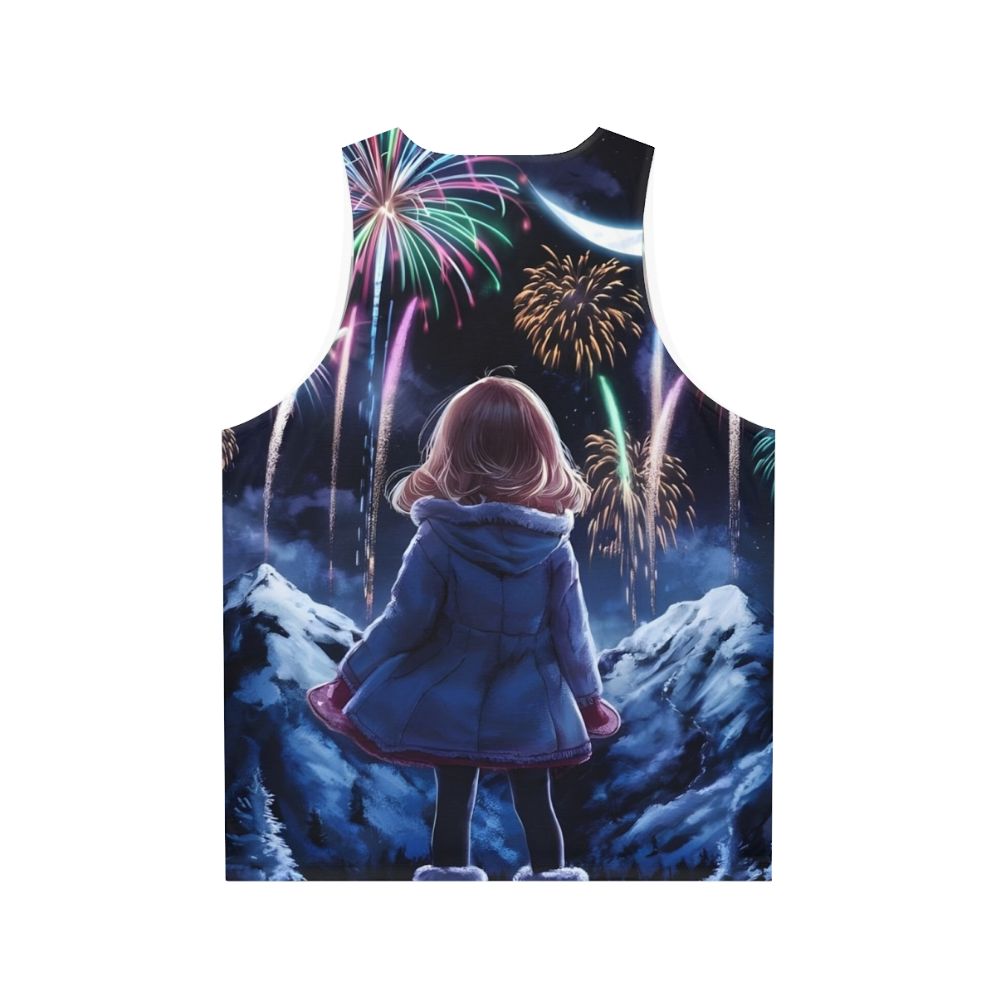 Anime unisex tank top with colorful fireworks and fantasy scenery - Back