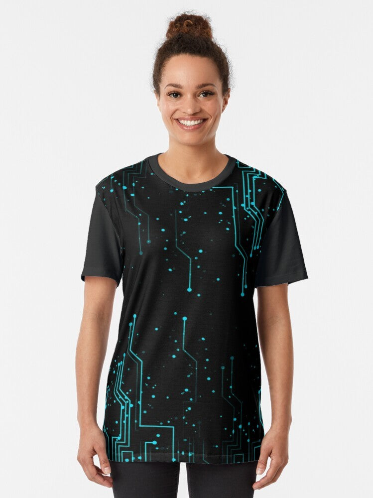 A t-shirt featuring a graphic design of an electronic circuit board, representing engineering and technology. - Women