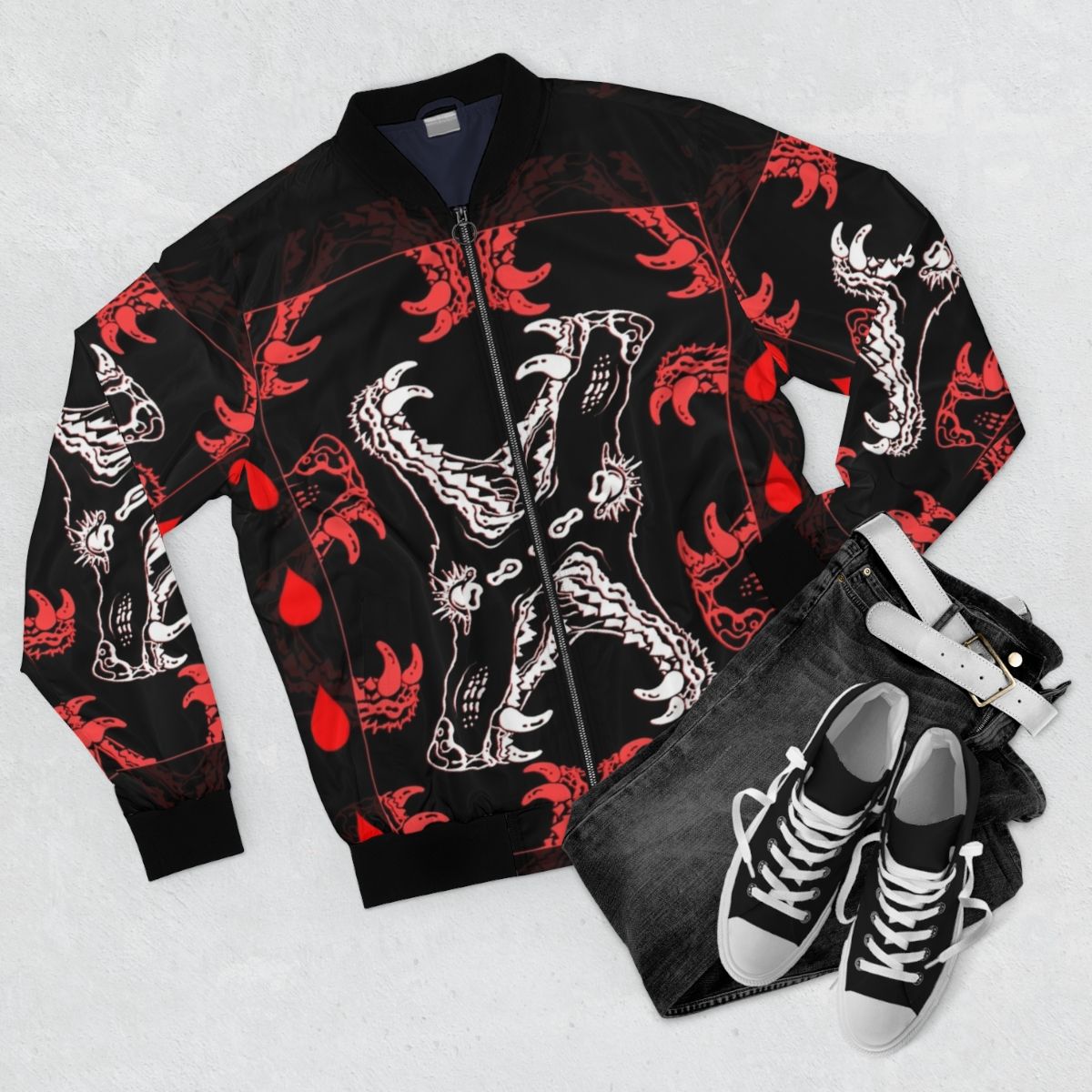 Gaping jaws dog teeth bomber jacket with a sinister, horror-inspired design - Flat lay