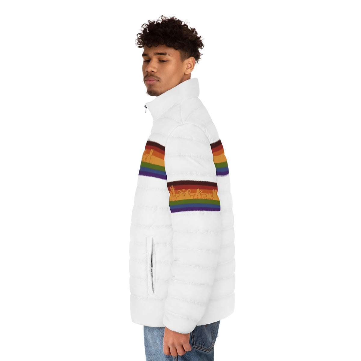 A colorful puffer jacket featuring a design of cute rabbits in rainbow pride colors - men side left