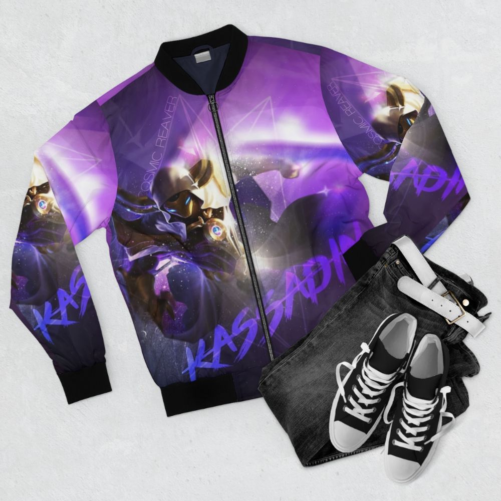 Kassadin from the game League of Legends featured on a bomber jacket - Flat lay