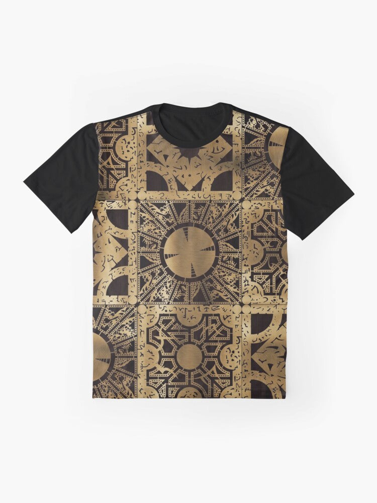 Hellraiser Lament Configuration Graphic T-Shirt featuring the iconic puzzle box and cenobites - Flat lay