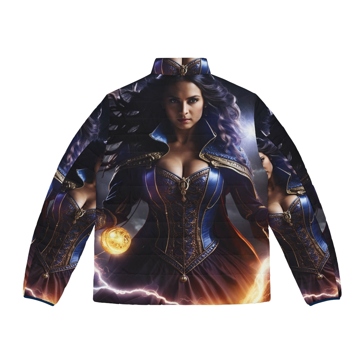 A blue electric puffer jacket with a superhero-inspired design - Back