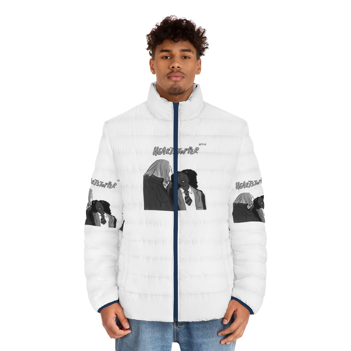 Heartstopper Tara and Darcy puffer jacket featuring the characters from the Netflix series - men front