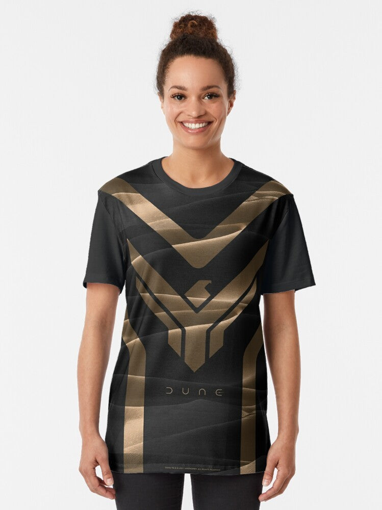 Dune Atreides graphic t-shirt featuring the House Atreides sigil from the Dune science fiction movie. - Women