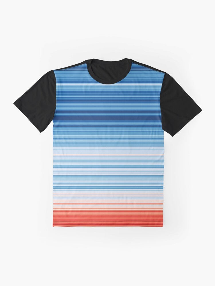 T-shirt with a graphic design featuring "Warm Stripes" and text related to climate change, global warming, and environmental activism. - Flat lay