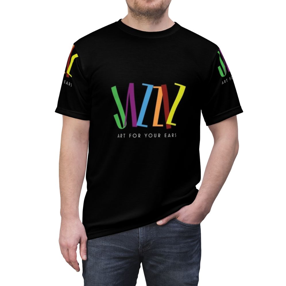 Jazziz-inspired all-over-print t-shirt featuring a jazz-themed graphic design - men front