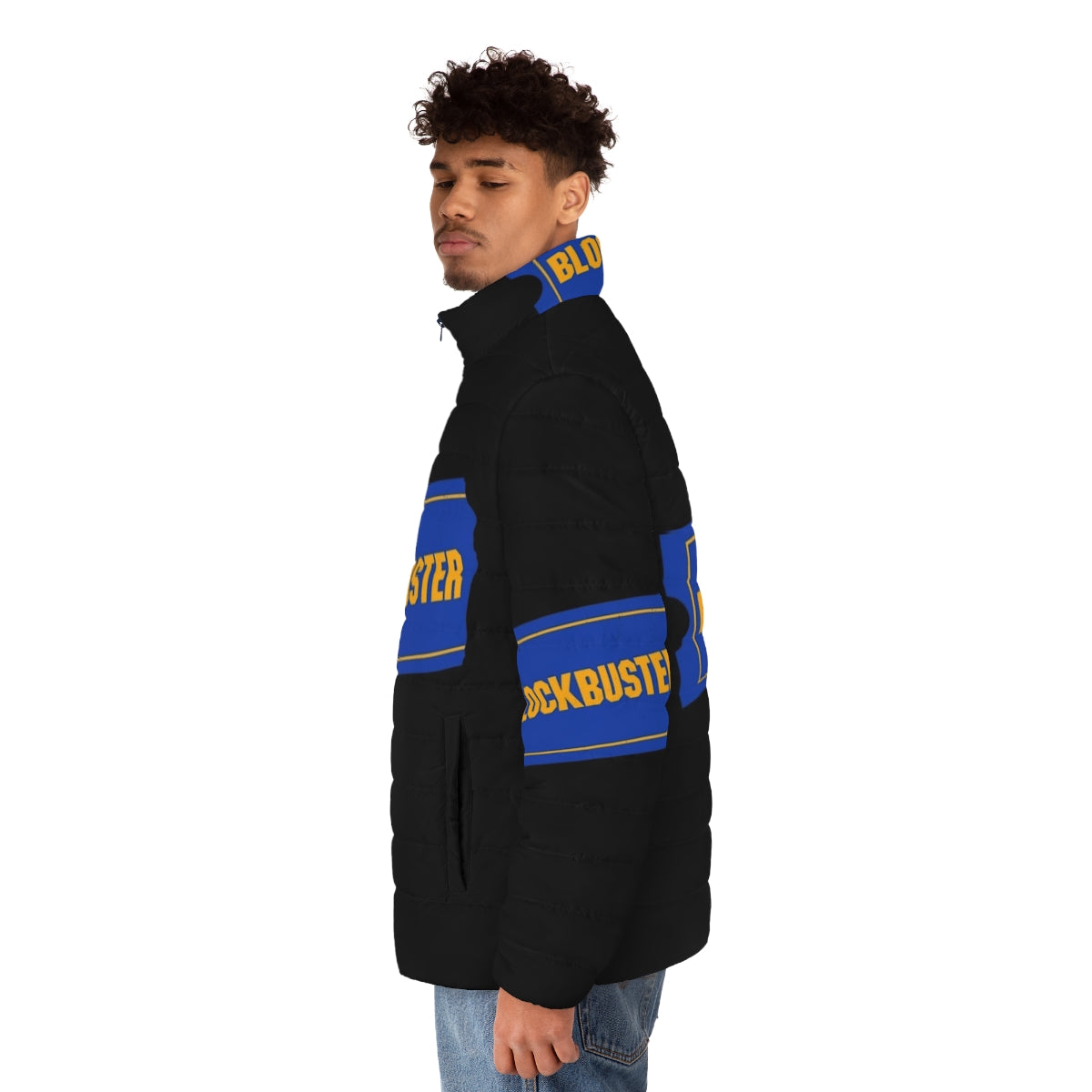 Blockbuster Video logo puffer jacket for movie and retro fashion enthusiasts - men side left