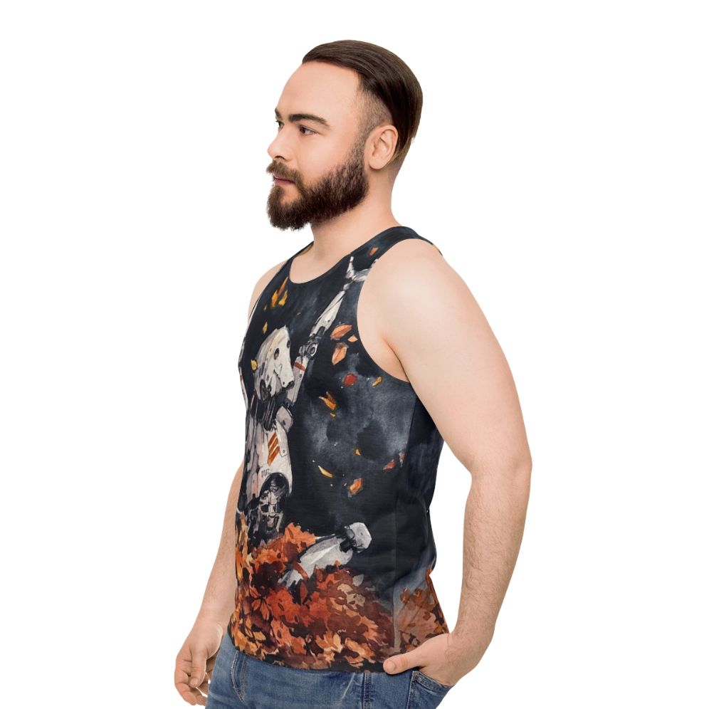 Autumn Fun Unisex Watercolor Tank Top with Nature Robot Design - men side